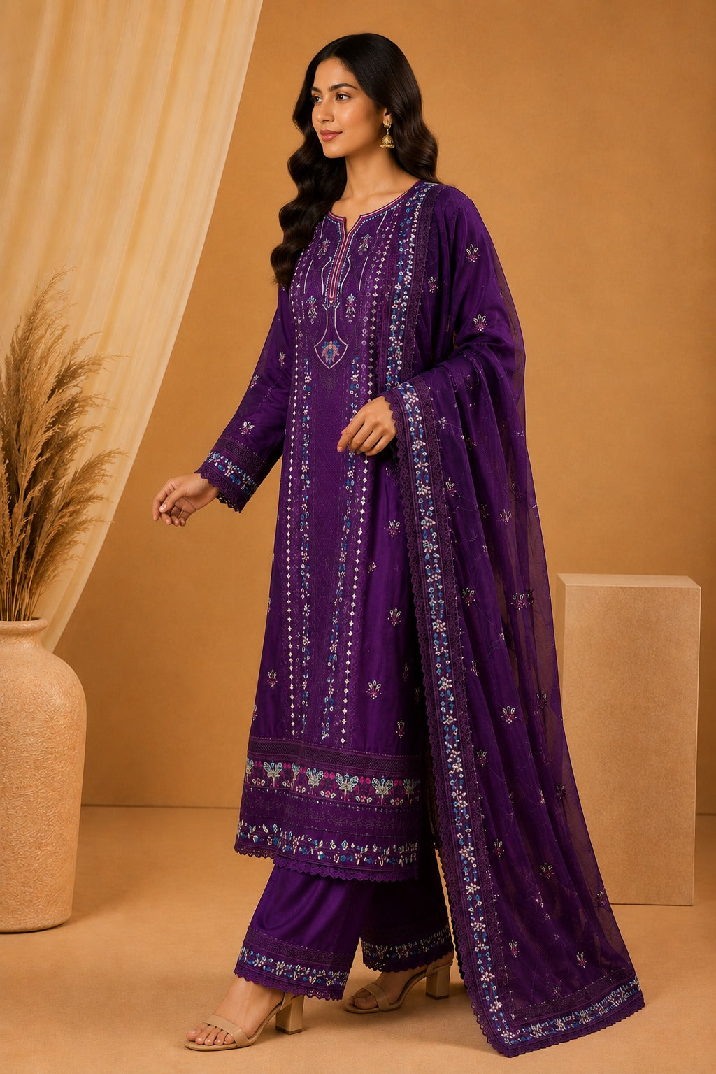 Agha Noor Royal Purple Silk Embroidered Pakistani Suit Set for Women