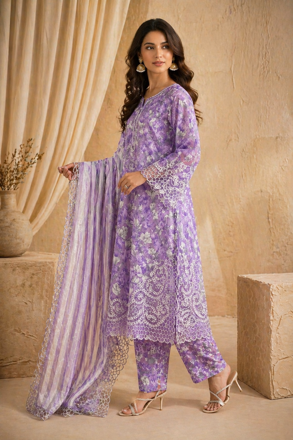 Lavender Floral Lawn Suit with Lace Hem