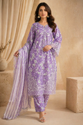 Lavender Floral Lawn Suit with Lace Hem