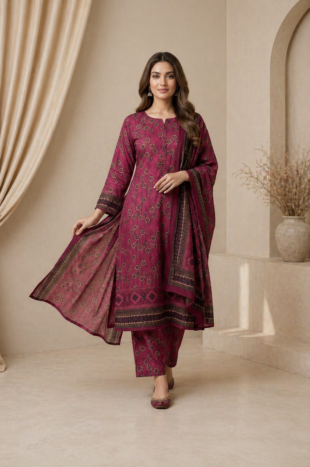 Dusty Rose Pink Embroidered Lawn Suit