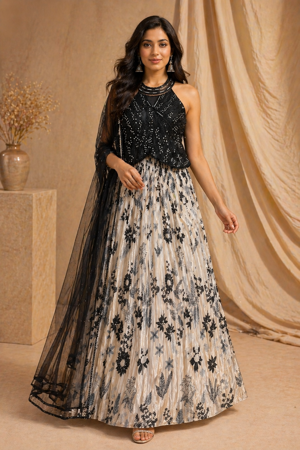 Black Embroidered Blouse with Printed Skirt; Lehenga Set