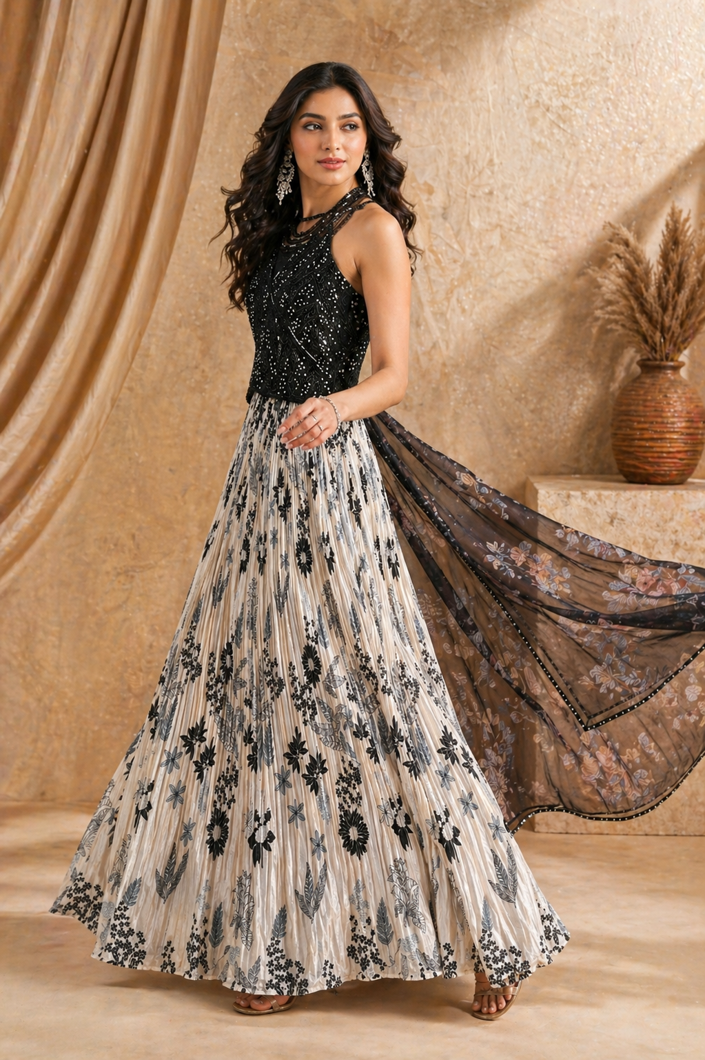 Black Embroidered Blouse with Printed Skirt; Lehenga Set