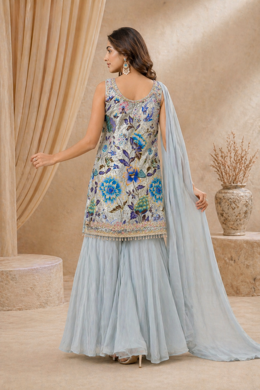 Ice blue floral embroidered kurti set with palazzo pants - back view - Indian Pakistani kurti Dubai