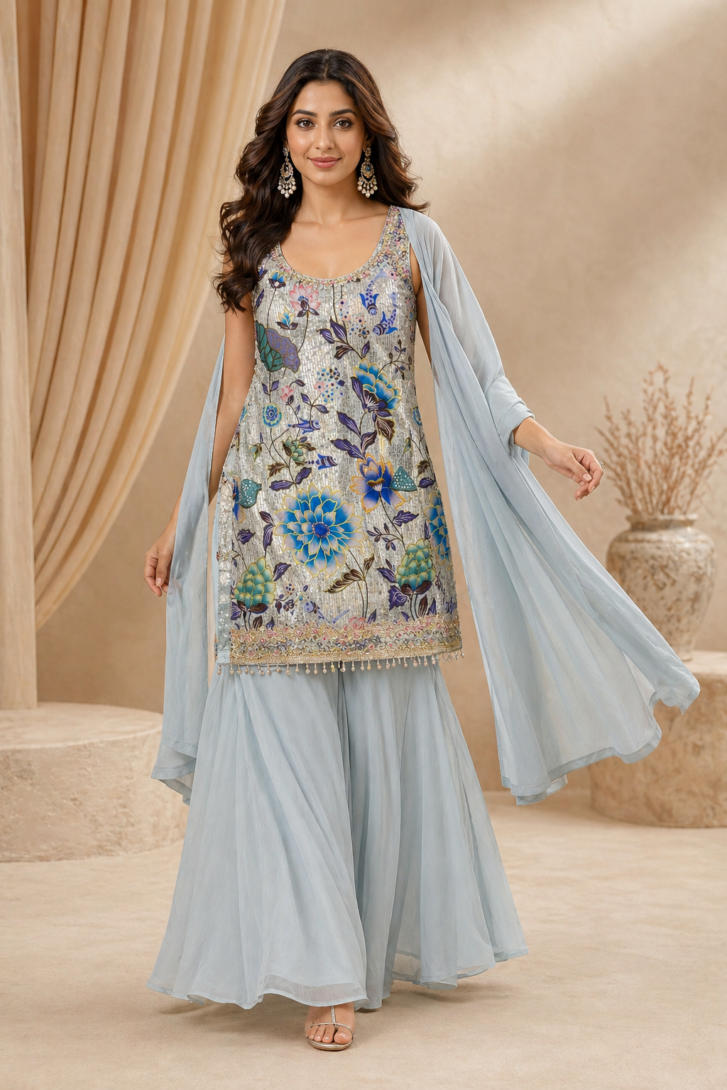 Ice blue floral embroidered kurti set with palazzo pants - front view - Indian Pakistani kurti Dubai