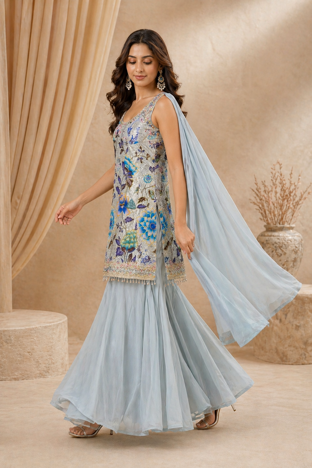 Ice blue floral embroidered kurti set with palazzo pants - side view - Indian Pakistani kurti Dubai