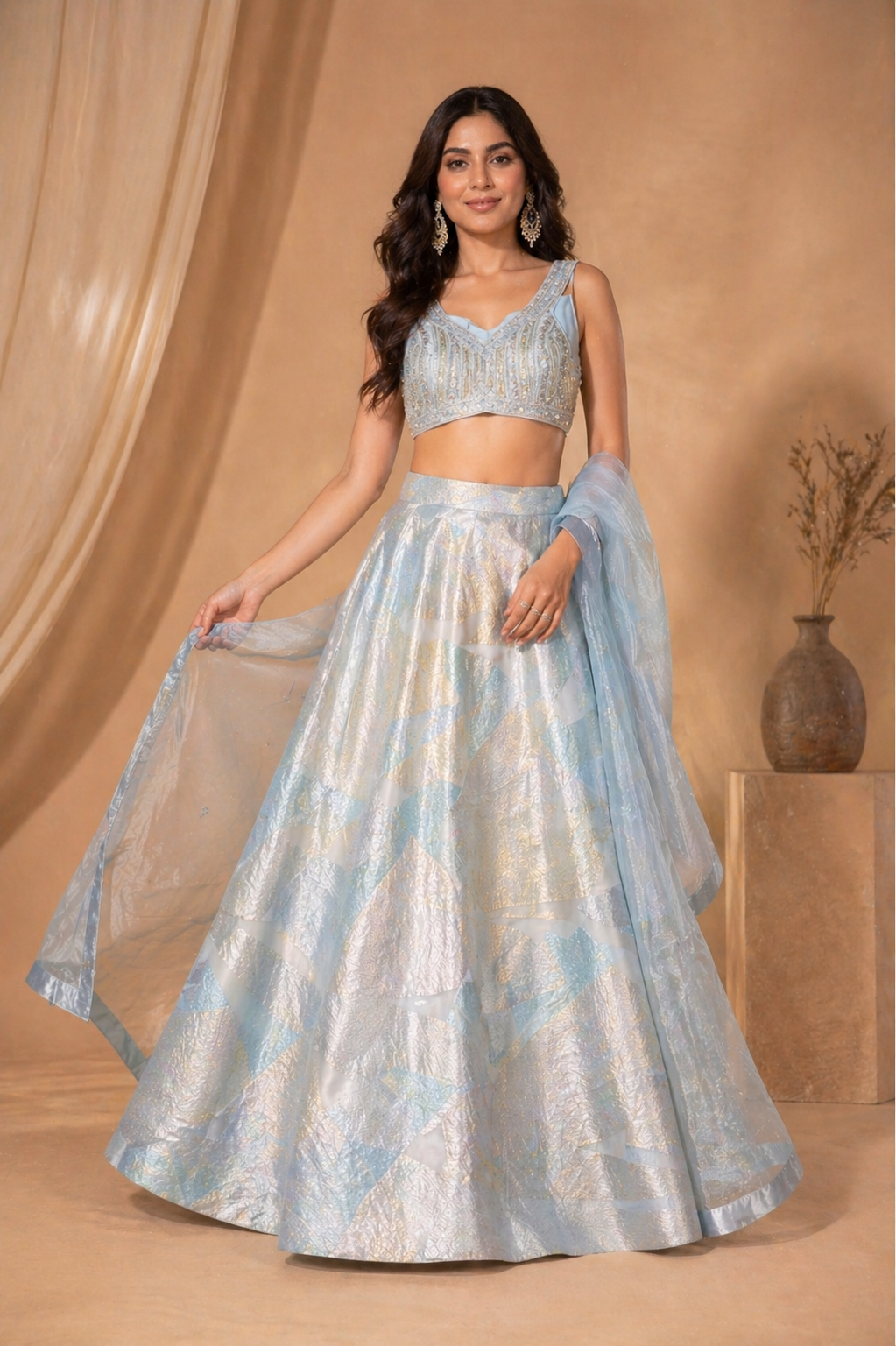 Pastel Blue Brocade Lehenga Set with Sleeveless Blouse