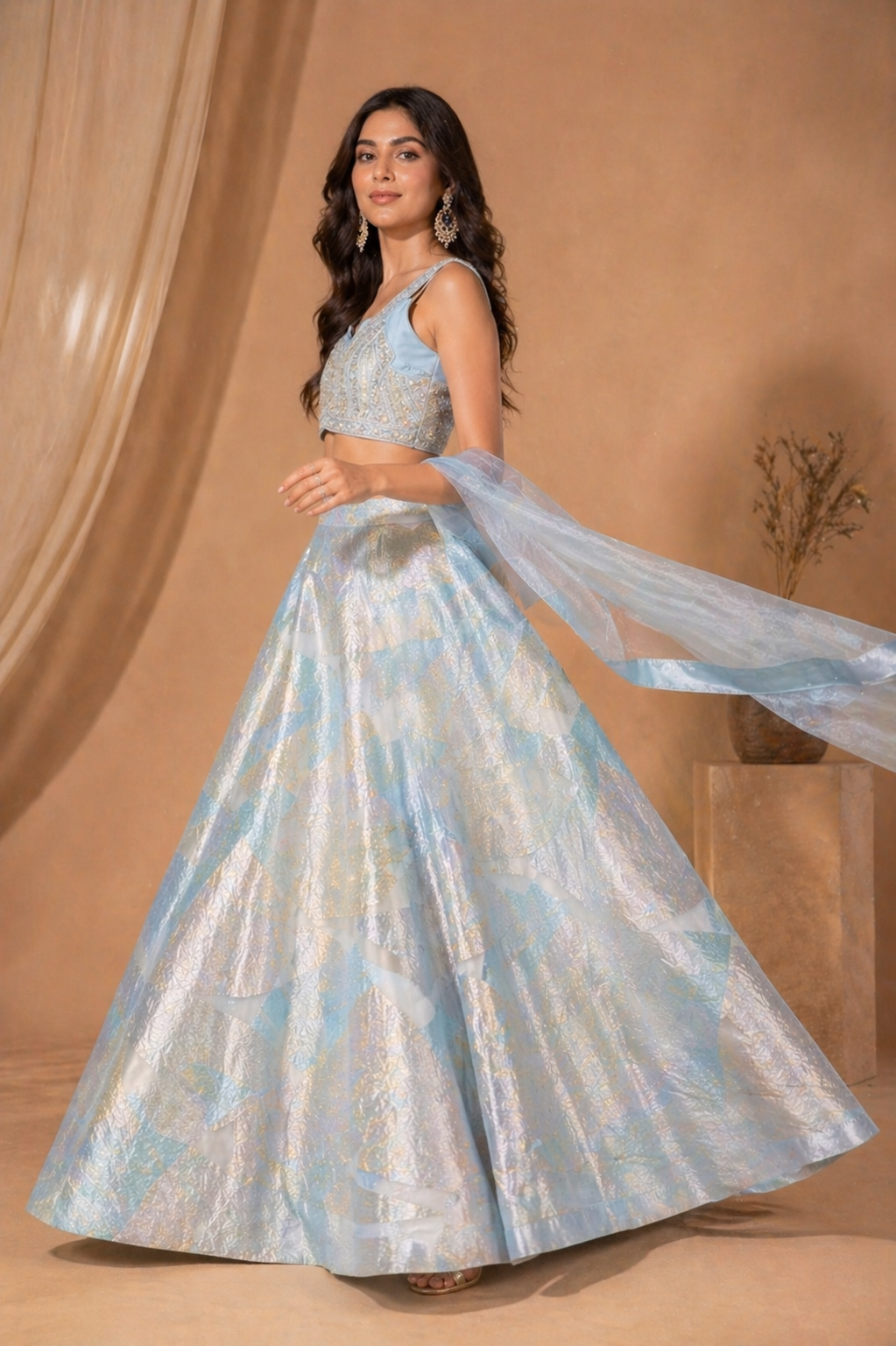 Pastel Blue Brocade Lehenga Set with Sleeveless Blouse