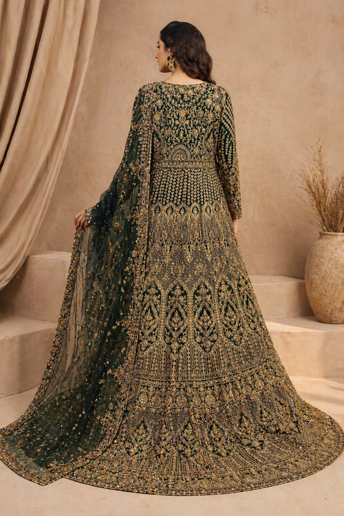 Deep green embroidered Anarkali set with dupatta - back view - Indian Pakistani Anarkali suit Dubai