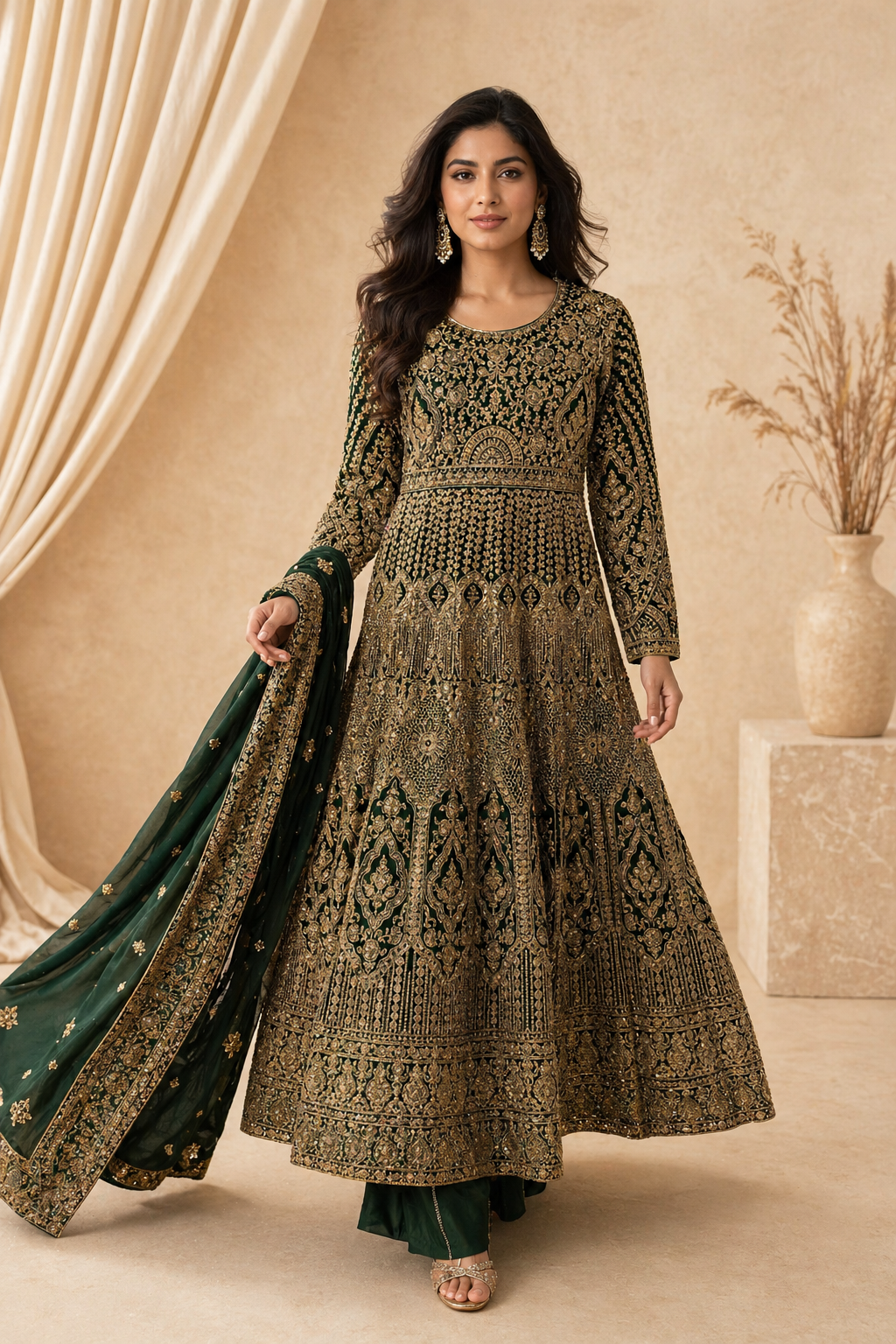 Deep Green Embroidered Anarkali Set with Dupatta