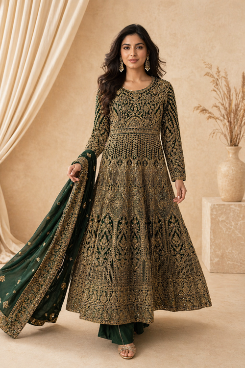 Deep green embroidered Anarkali set with dupatta - front view - Indian Pakistani Anarkali suit Dubai