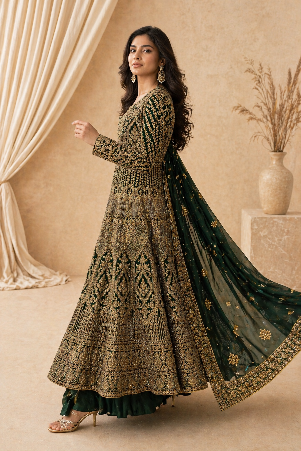 Deep Green Embroidered Anarkali Set with Dupatta