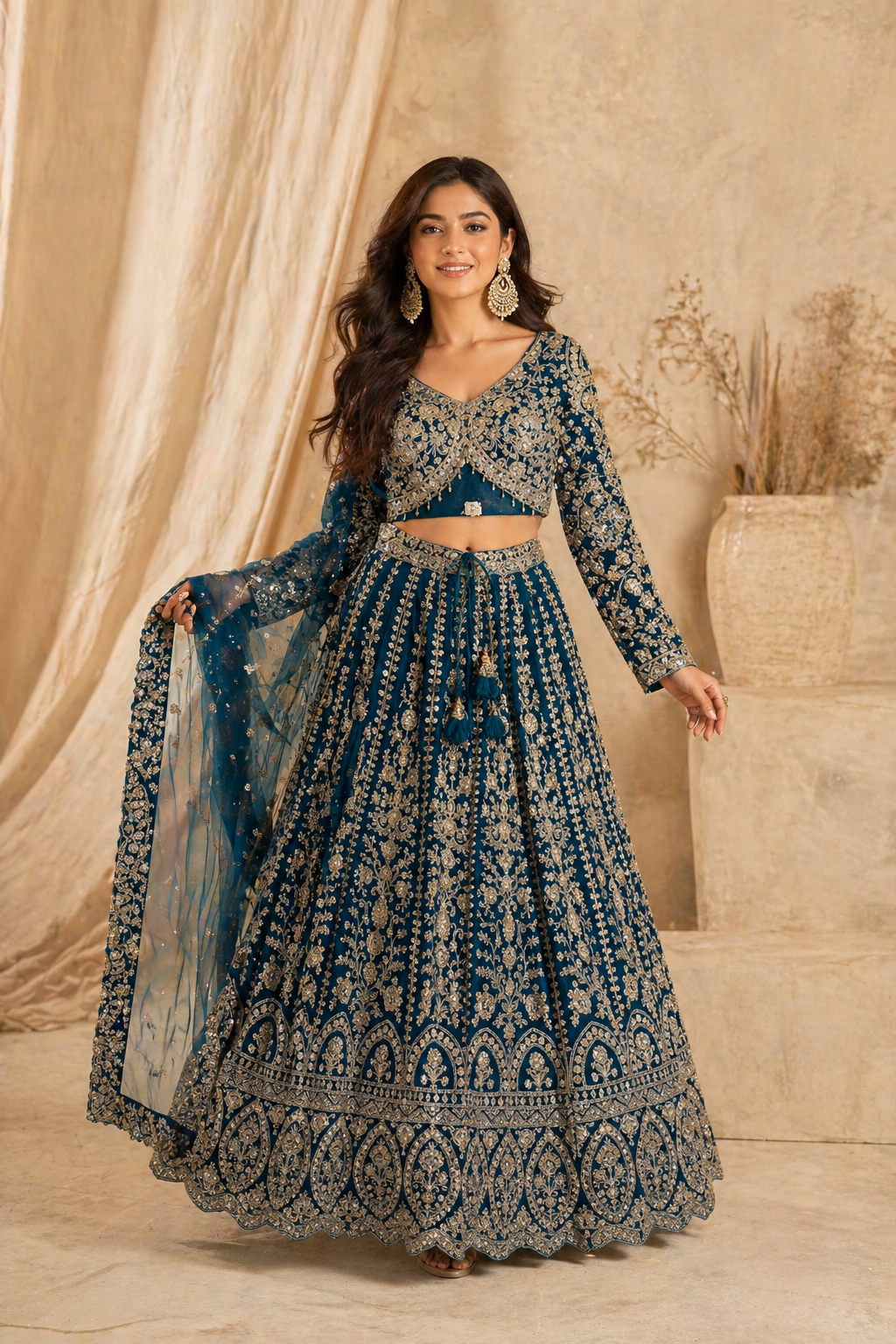 Teal Blue Embroidered Lehenga Set with Long Sleeve Blouse