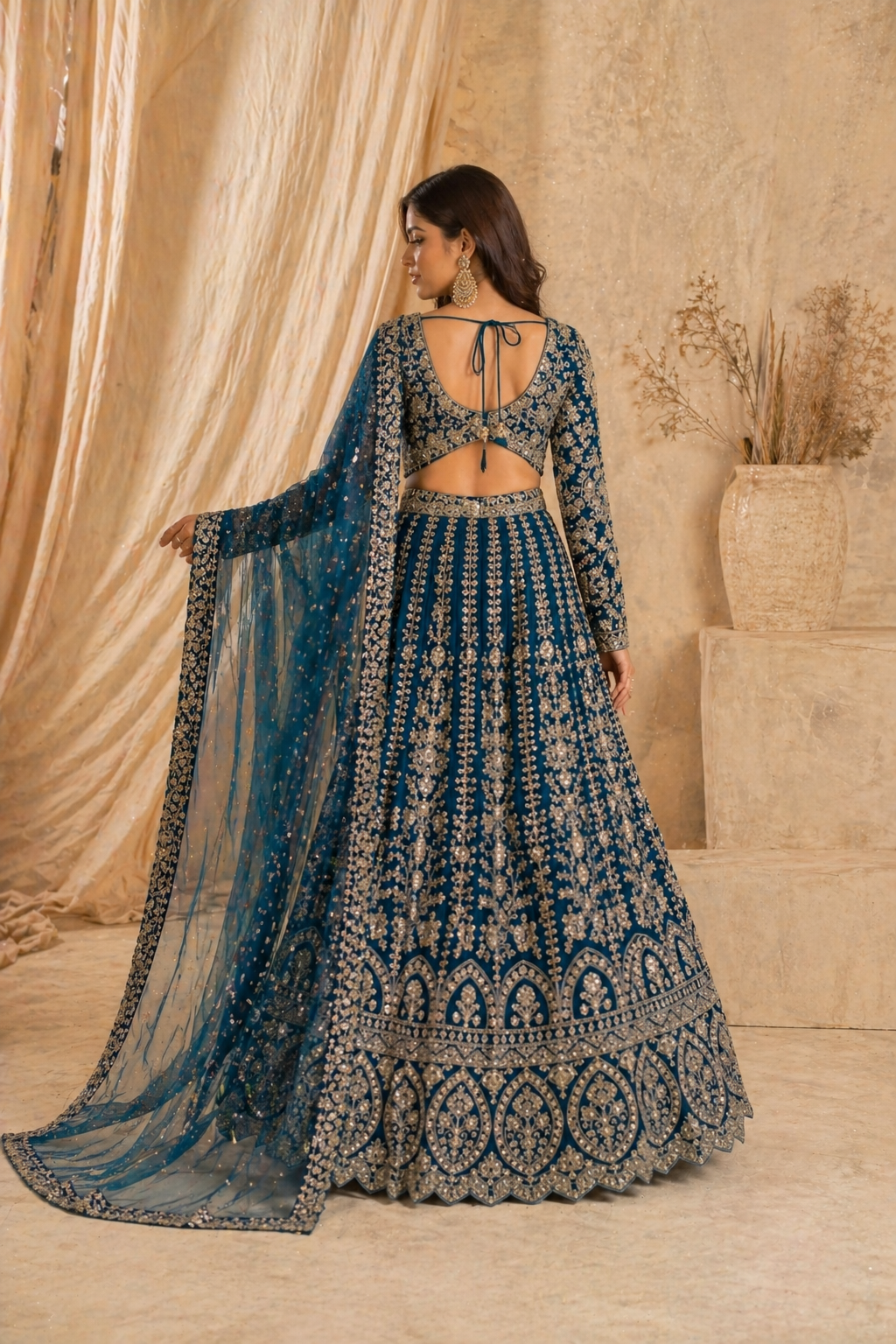 Teal Blue Embroidered Lehenga Set with Long Sleeve Blouse