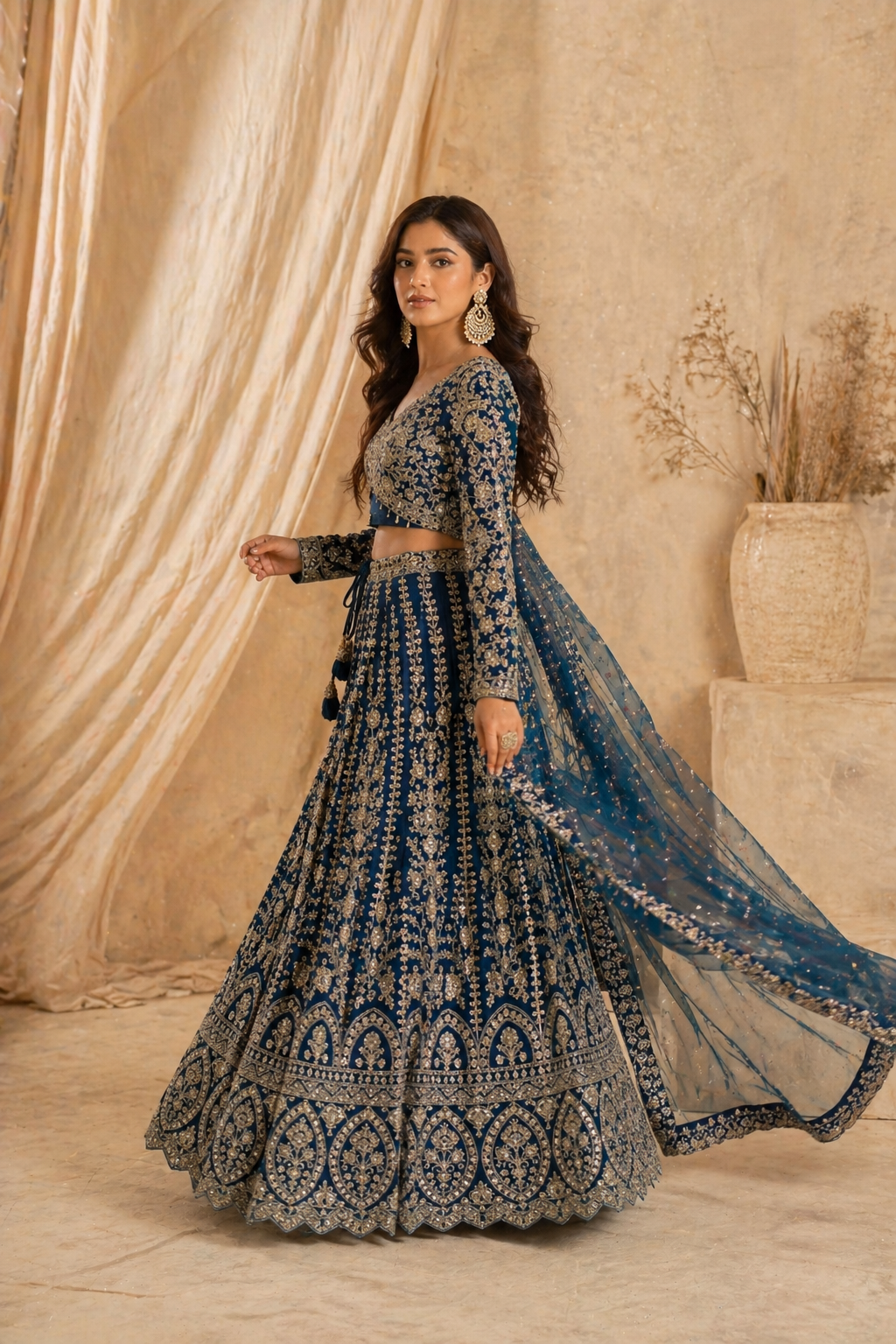Teal Blue Embroidered Lehenga Set with Long Sleeve Blouse
