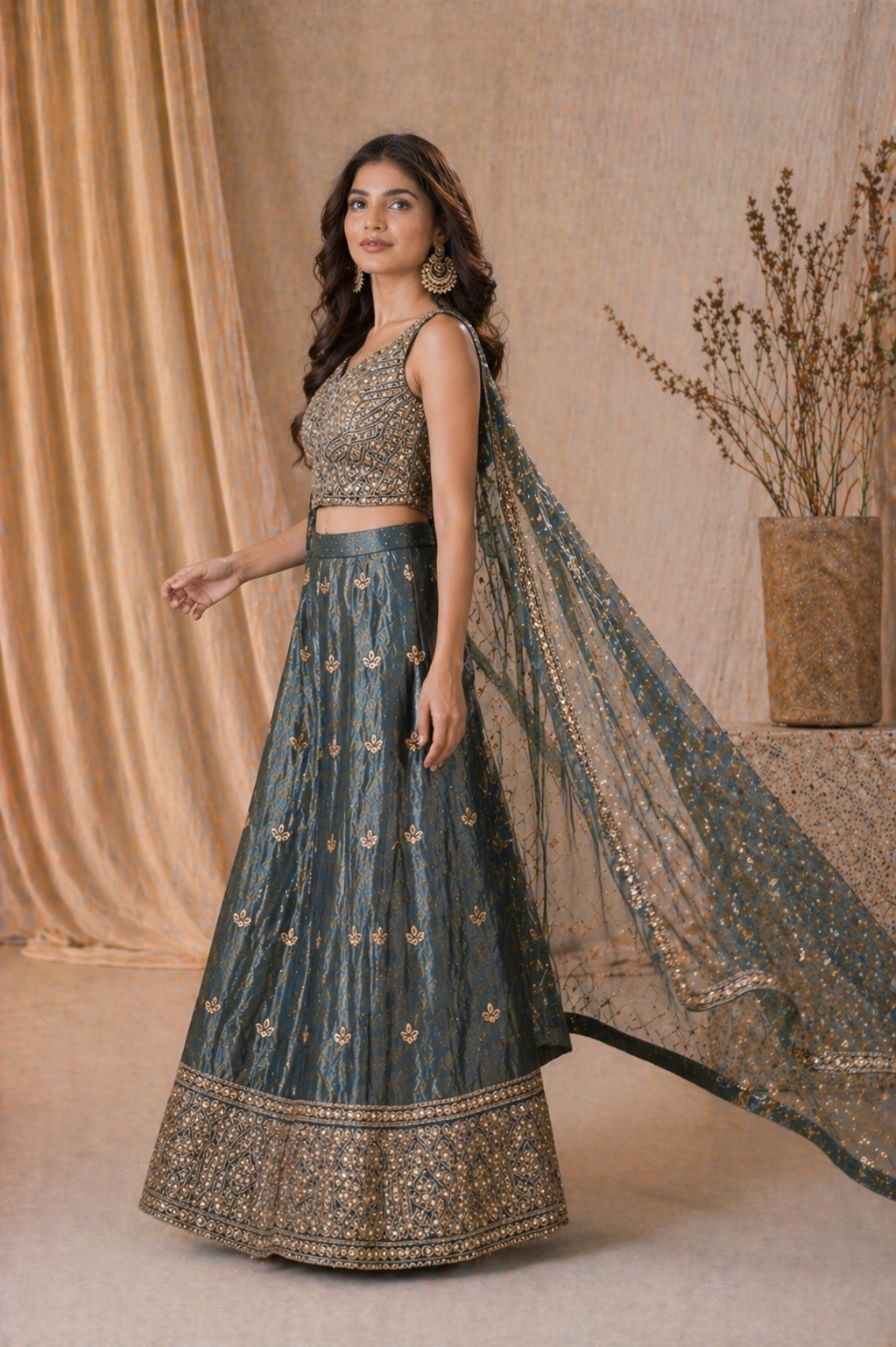 Emerald Green Embroidered Indo-Western Lehenga Set