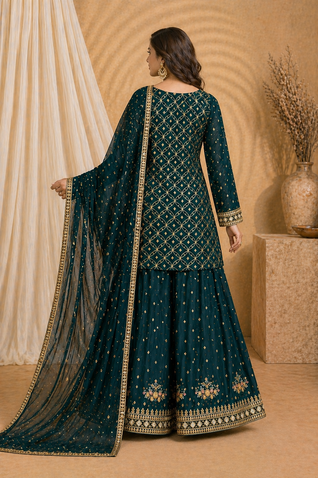 Emerald green embroidered kurti palazzo set with dupatta - back view - Indian Pakistani kurti Dubai
