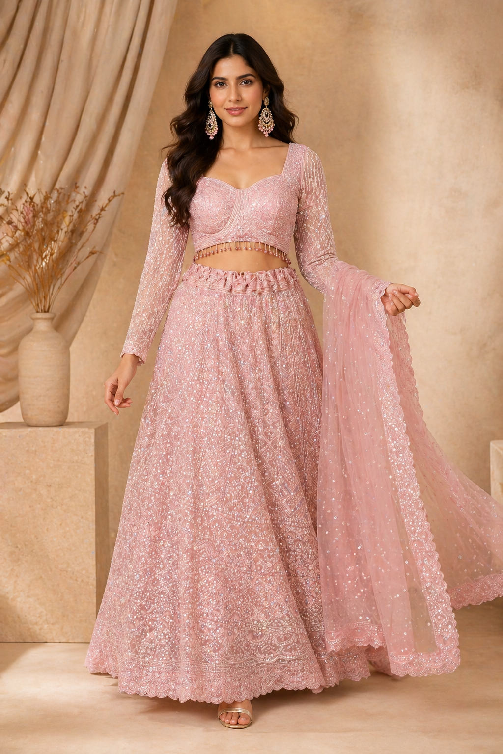 Blush Pink Embroidered Lehenga Set with Crop Blouse & Dupatta