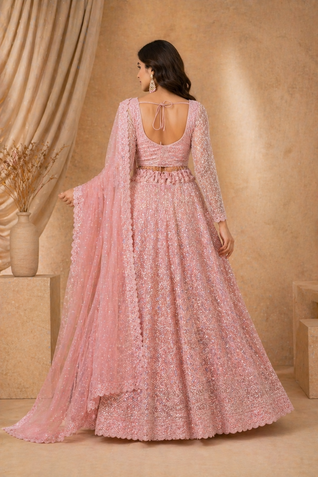 Blush Pink Embroidered Lehenga Set with Crop Blouse & Dupatta