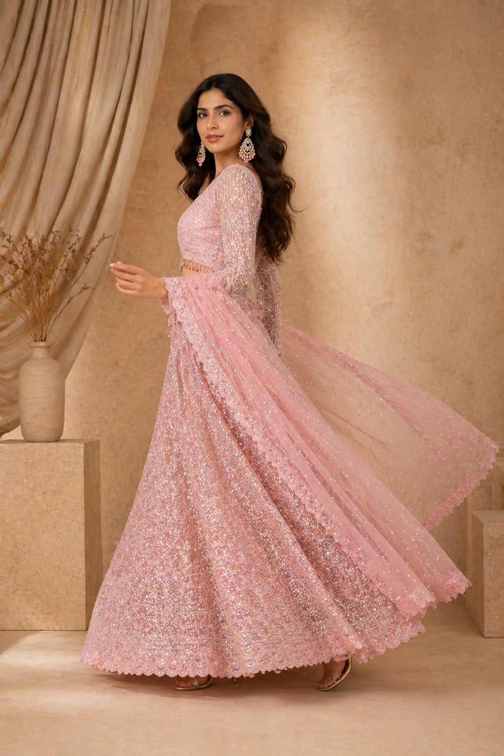 Blush Pink Embroidered Lehenga Set with Crop Blouse & Dupatta