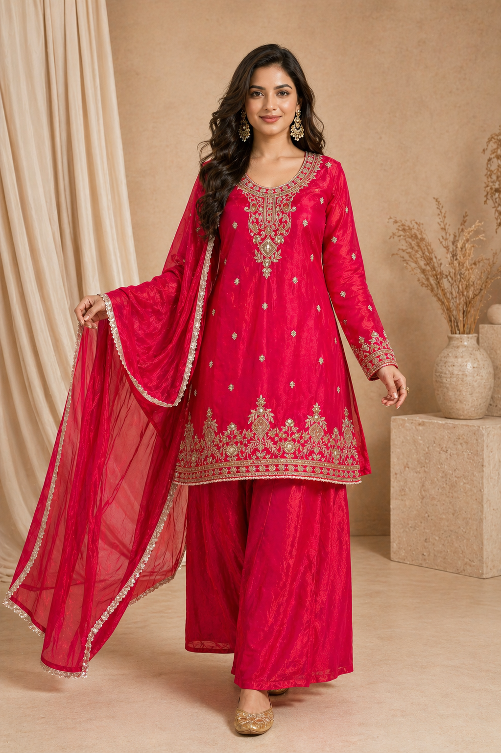 Elegant Pink Embroidered Kurti Set with Palazzo & Dupatta for Women