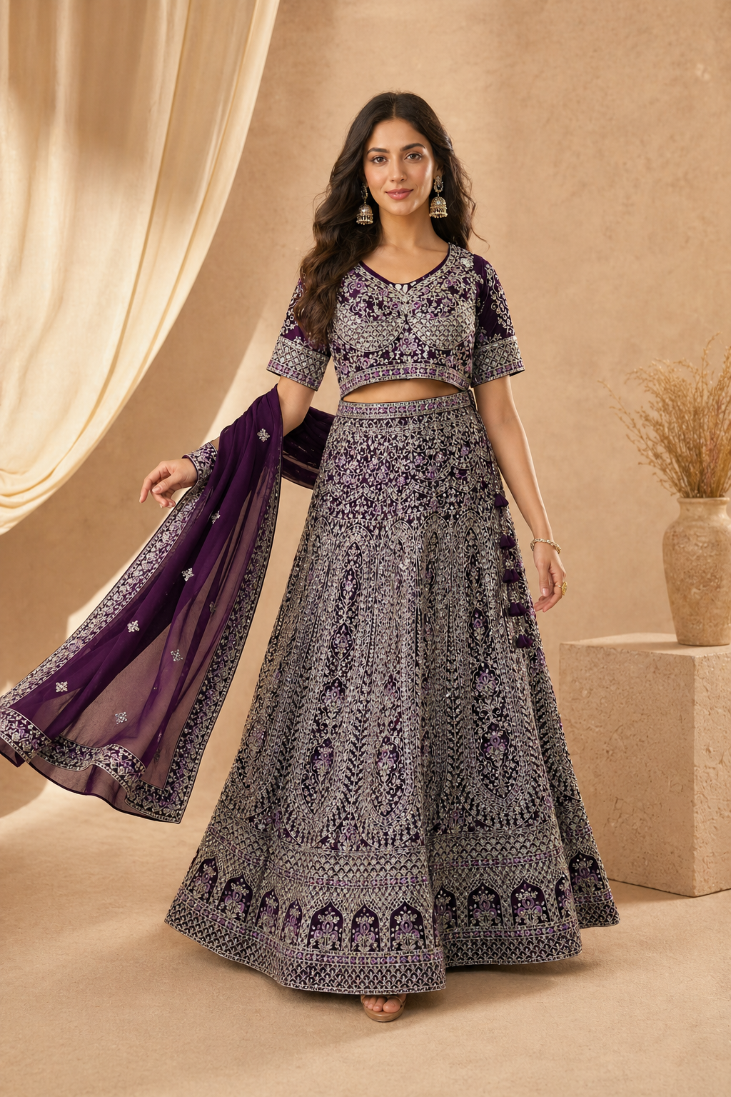Royal Purple Heavy Embroidered Lehenga Set with Blouse & Dupatta