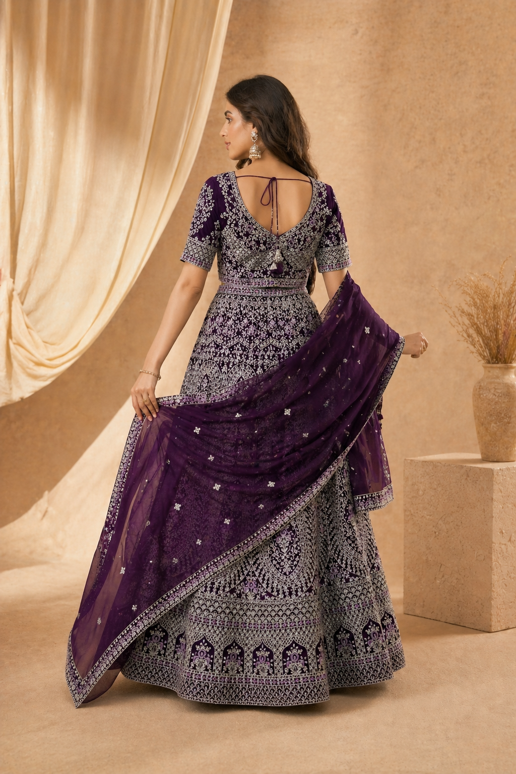 Royal Purple Heavy Embroidered Lehenga Set with Blouse & Dupatta