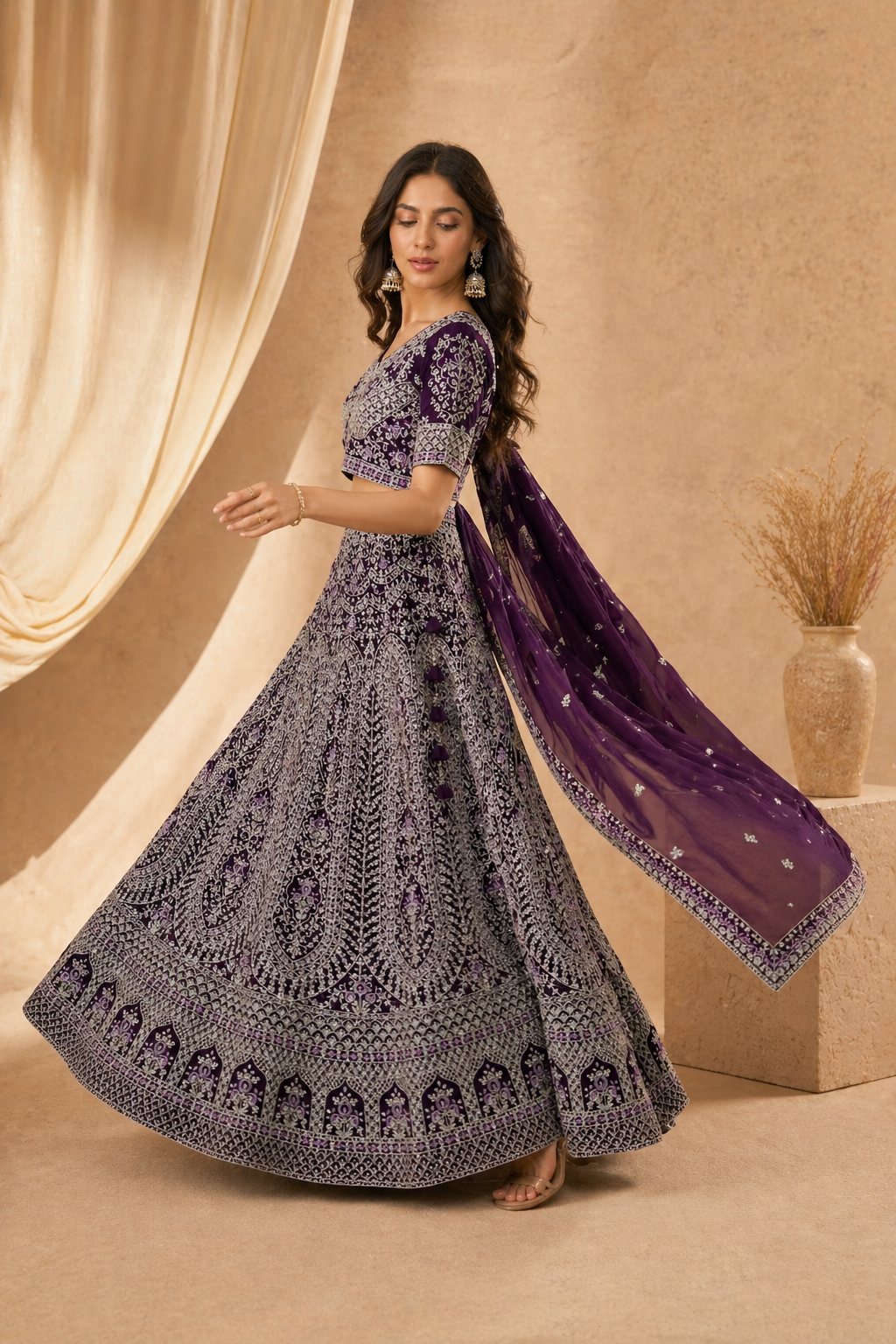 Royal Purple Heavy Embroidered Lehenga Set with Blouse & Dupatta