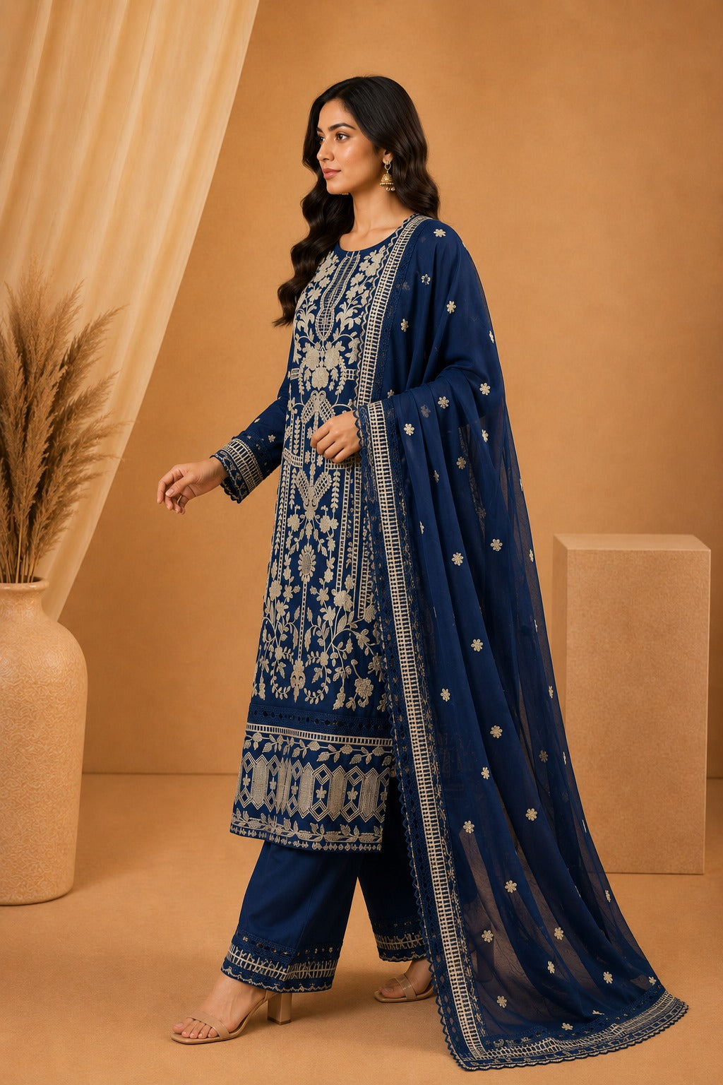 Agha Noor Navy Blue Silk Embroidered Pakistani Suit Set for Women