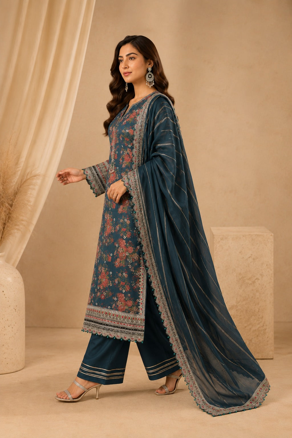 Sada Bahar Teal Blue Chiffon Floral Embroidered Pakistani Suit for Women