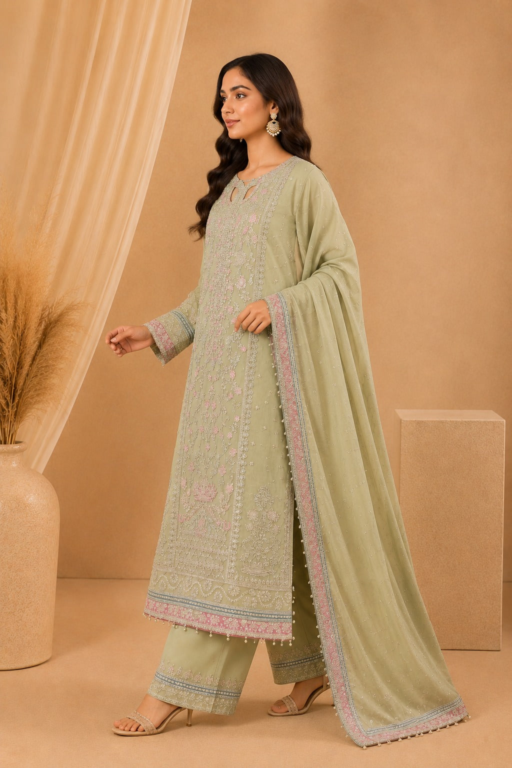 Sada Bahar Sage Green Chiffon Embroidered Pakistani Suit Set for Women