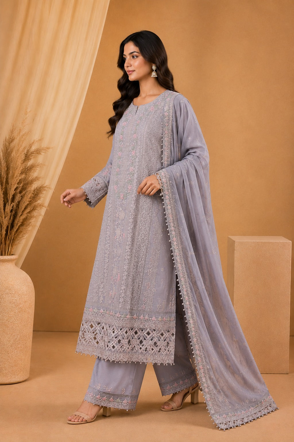 Sada Bahar Lavender Grey Chiffon Embroidered Pakistani Suit Set for Women