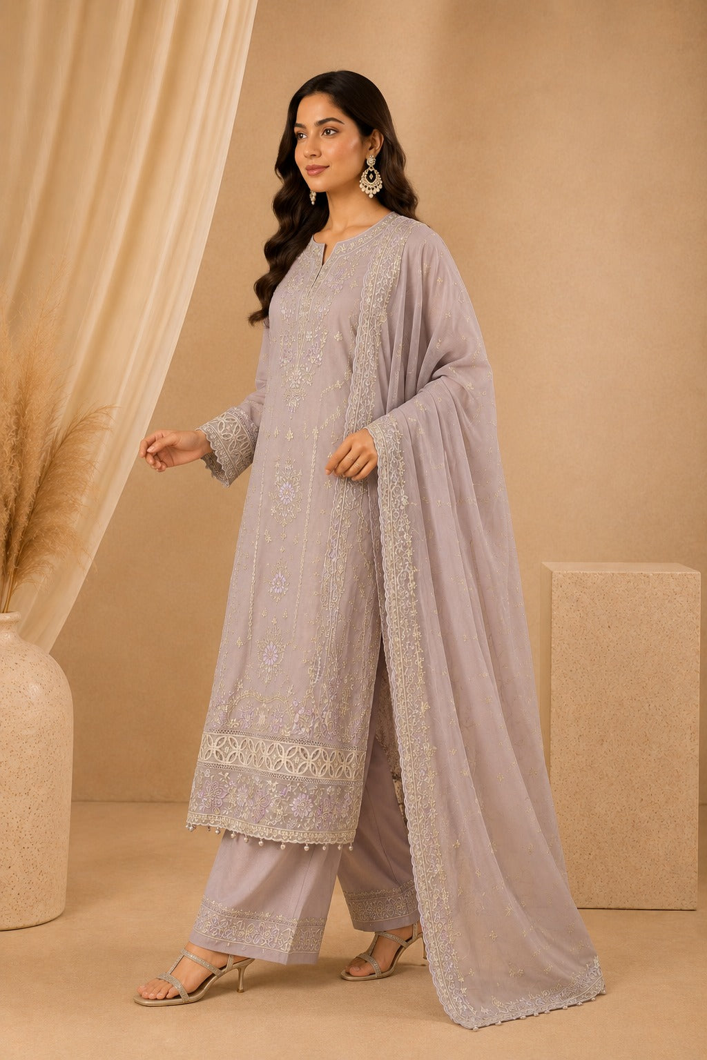 Sada Bahar Lilac Chiffon Embroidered Pakistani Suit Set for Women