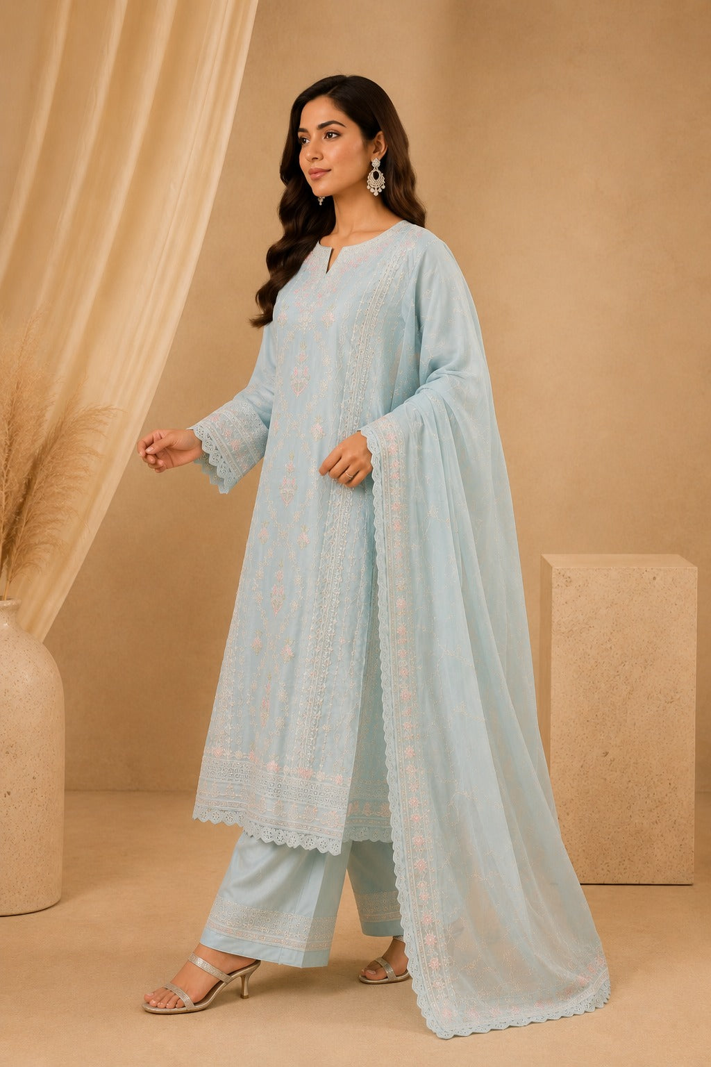 Agha Noor Sky Blue Silk Embroidered Pakistani Suit Set for Women