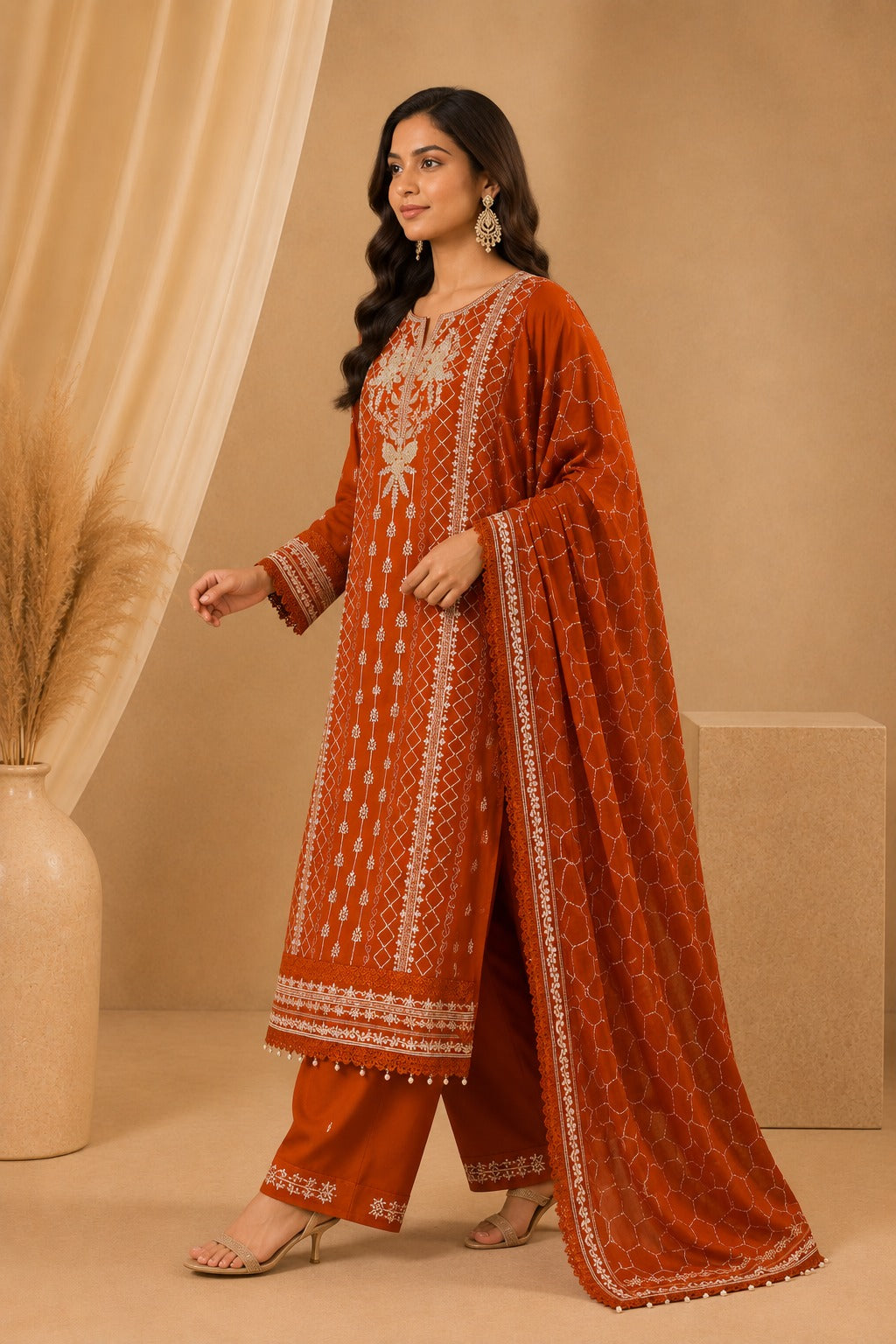 Agha Noor Rust Orange Chiffon Embroidered Pakistani Suit Set for Women