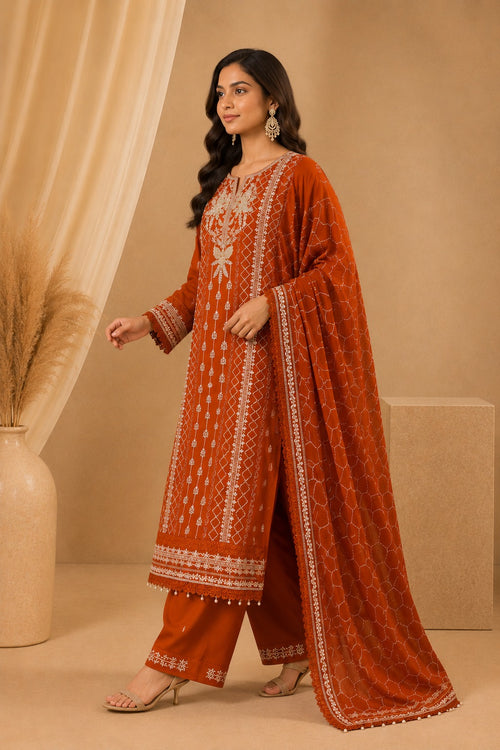 Agha Noor Rust Orange Chiffon Embroidered Pakistani Suit Set for Women