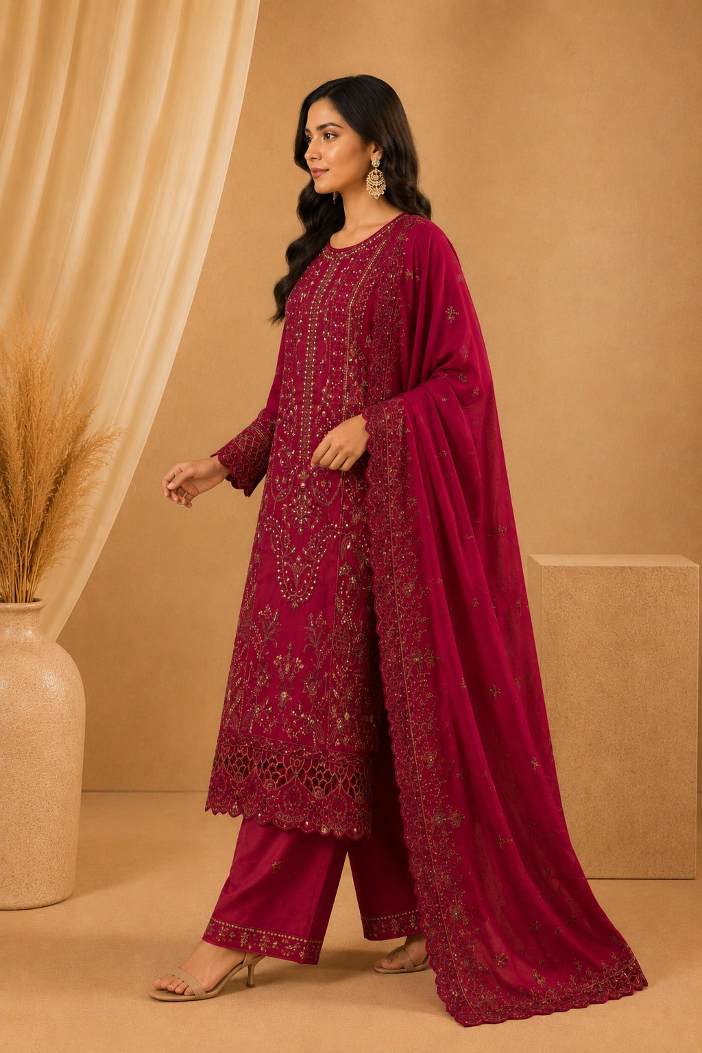 Sada Bahar Magenta Chiffon Embroidered Pakistani Suit Set for Women