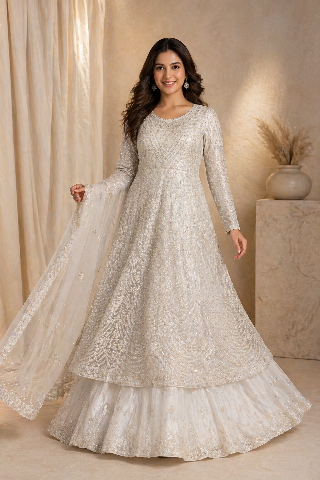 Ivory Embroidered Anarkali Gown with Lehenga & Dupatta for Women
