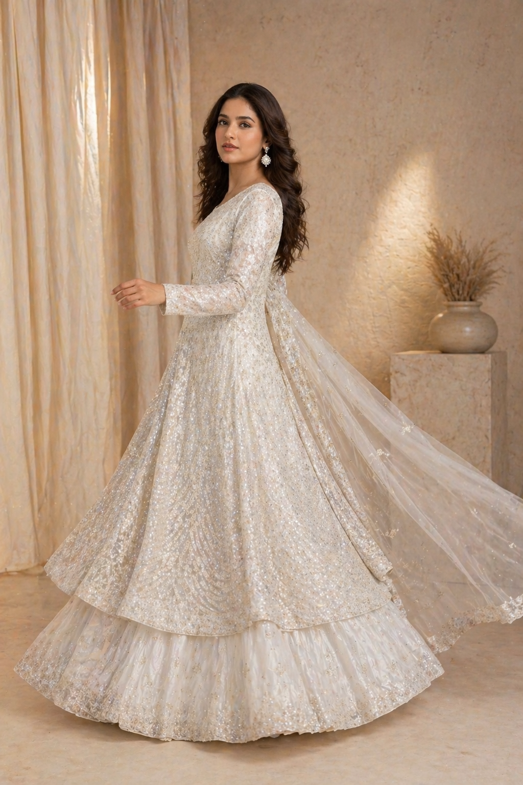 Ivory Embroidered Anarkali Gown with Lehenga & Dupatta for Women