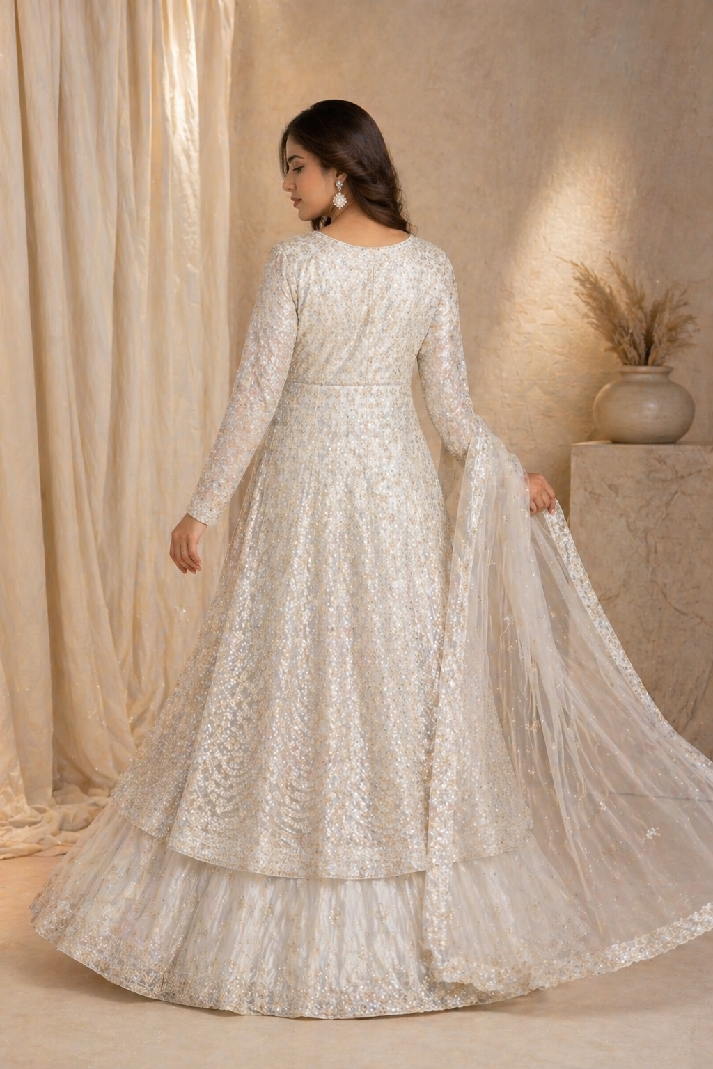 Ivory Embroidered Anarkali Gown with Lehenga & Dupatta for Women