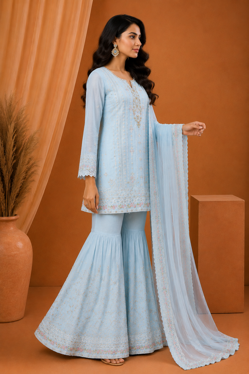 Agha Noor Baby Blue Embroidered Sharara Suit with Dupatta
