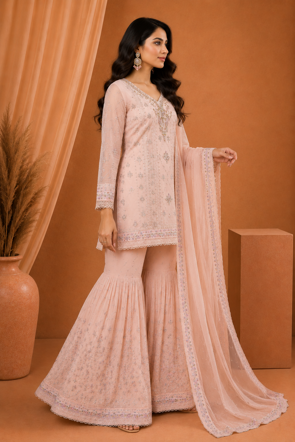 Agha Noor Baby Pink Embroidered Sharara Suit with Dupatta