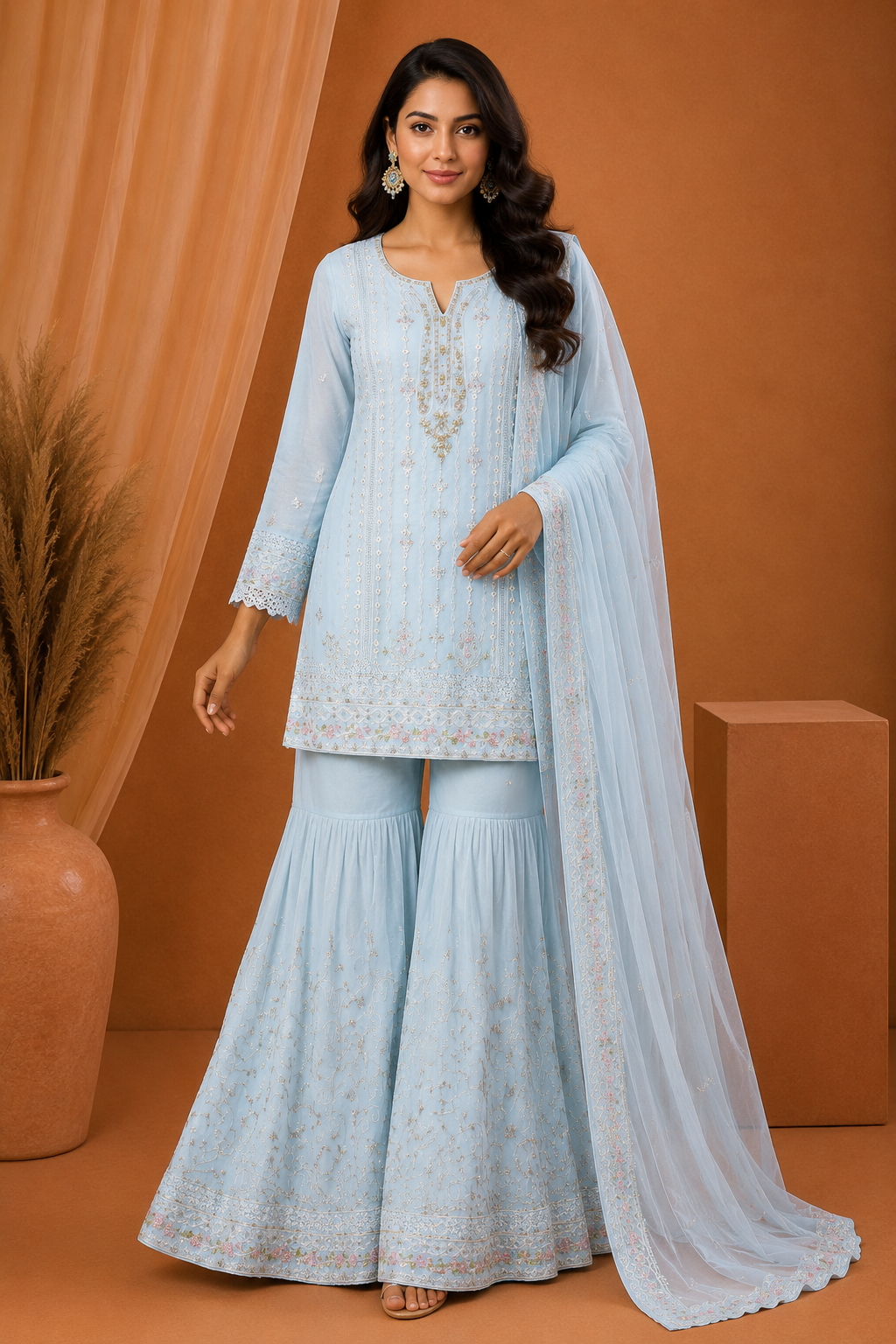Agha Noor Baby Blue Embroidered Sharara Suit with Dupatta