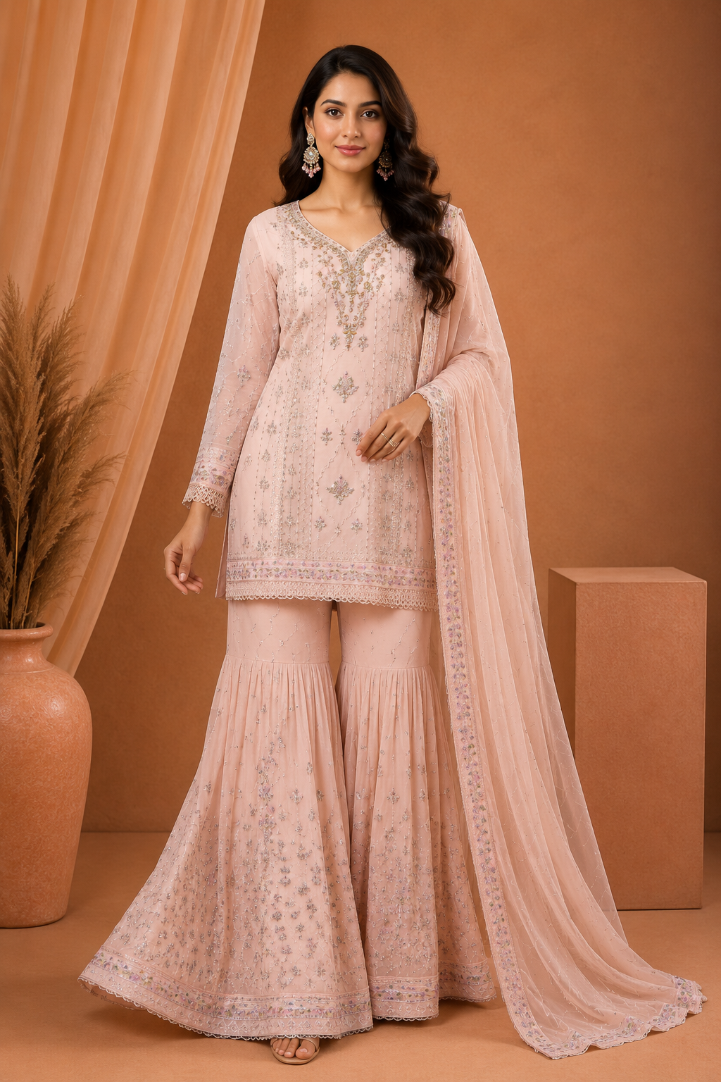 Agha Noor Baby Pink Embroidered Sharara Suit with Dupatta