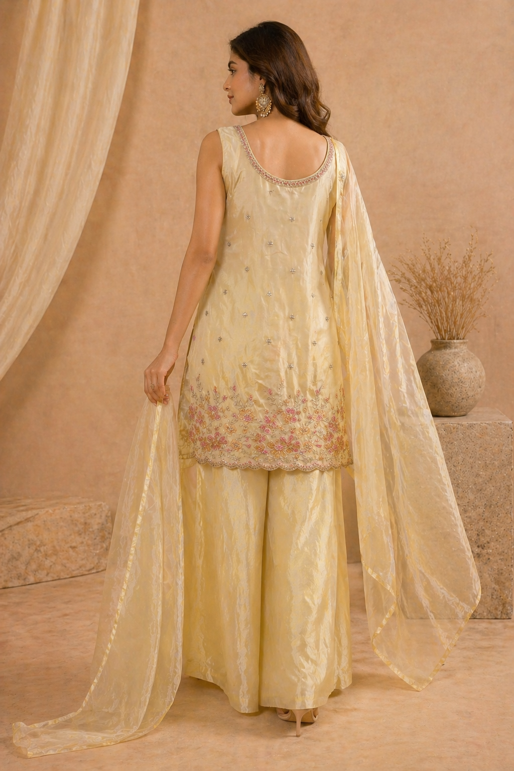Elegant pastel yellow embroidered kurti set with dupatta - back view - Indian Pakistani kurti Dubai