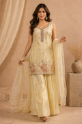 Elegant pastel yellow embroidered kurti set with dupatta - front view - Indian Pakistani kurti Dubai