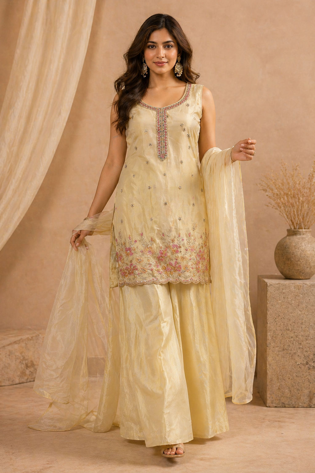 Elegant pastel yellow embroidered kurti set with dupatta - front view - Indian Pakistani kurti Dubai