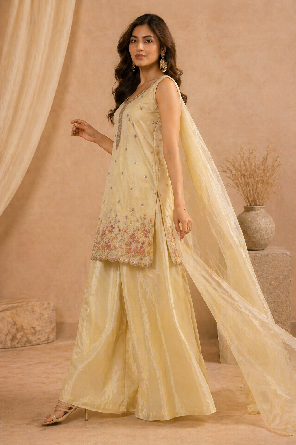Elegant pastel yellow embroidered kurti set with dupatta - side view - Indian Pakistani kurti Dubai