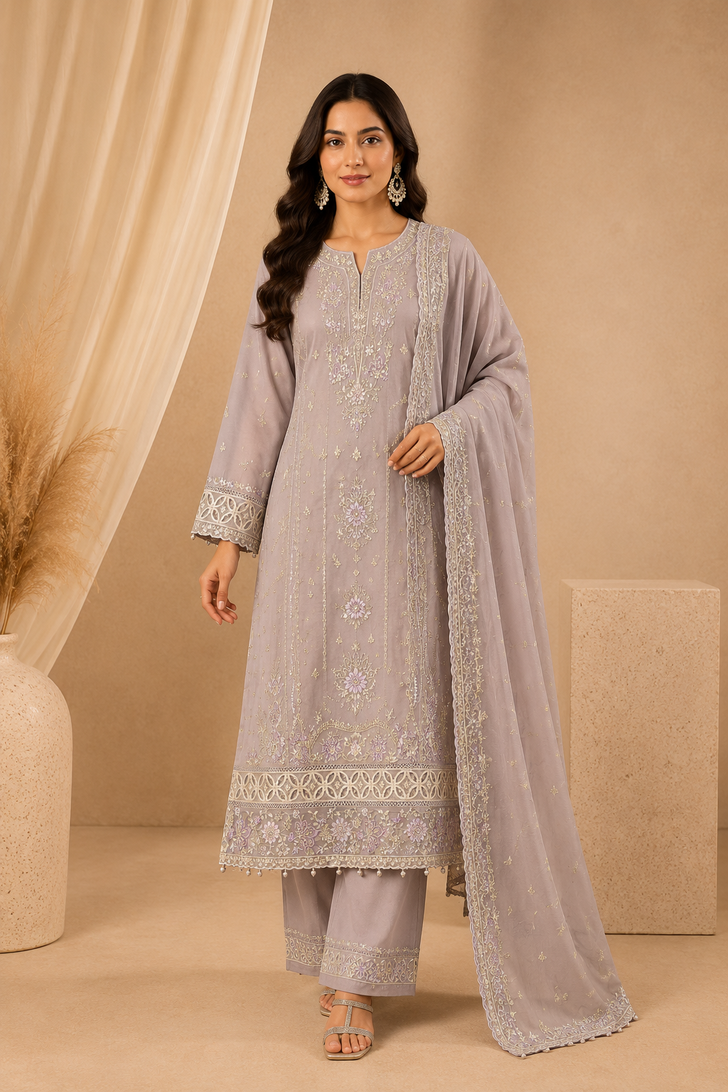 Sada Bahar Lilac Chiffon Embroidered Pakistani Suit Set for Women