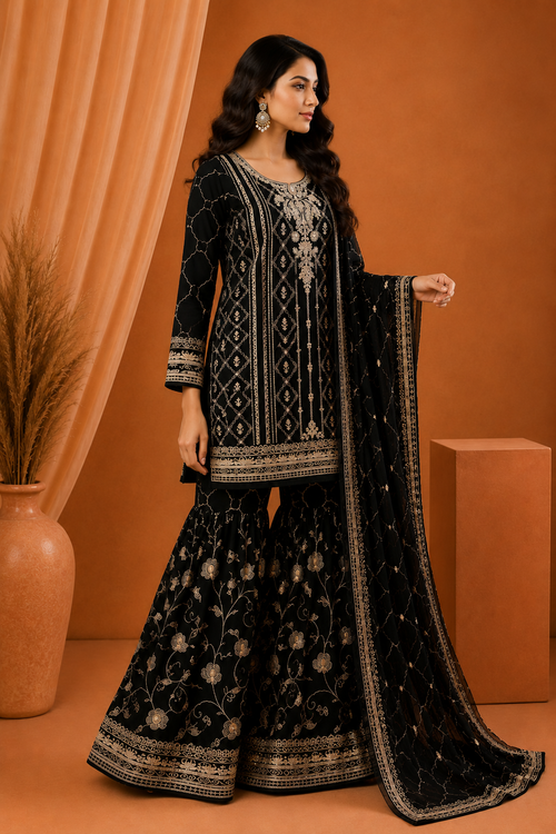 Agha Noor Black Embroidered Sharara Suit with Dupatta