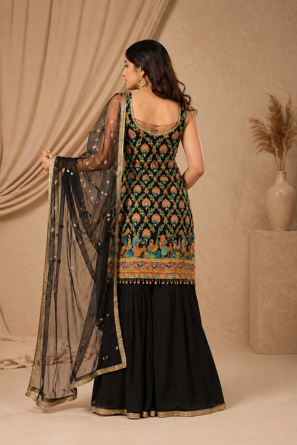 Black Embroidered Kurti Set with Palazzo